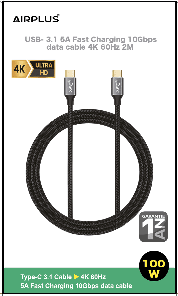 Airplus Câble USB-C 3.1 4k 10Gbps PD 100w 2M – Image 8